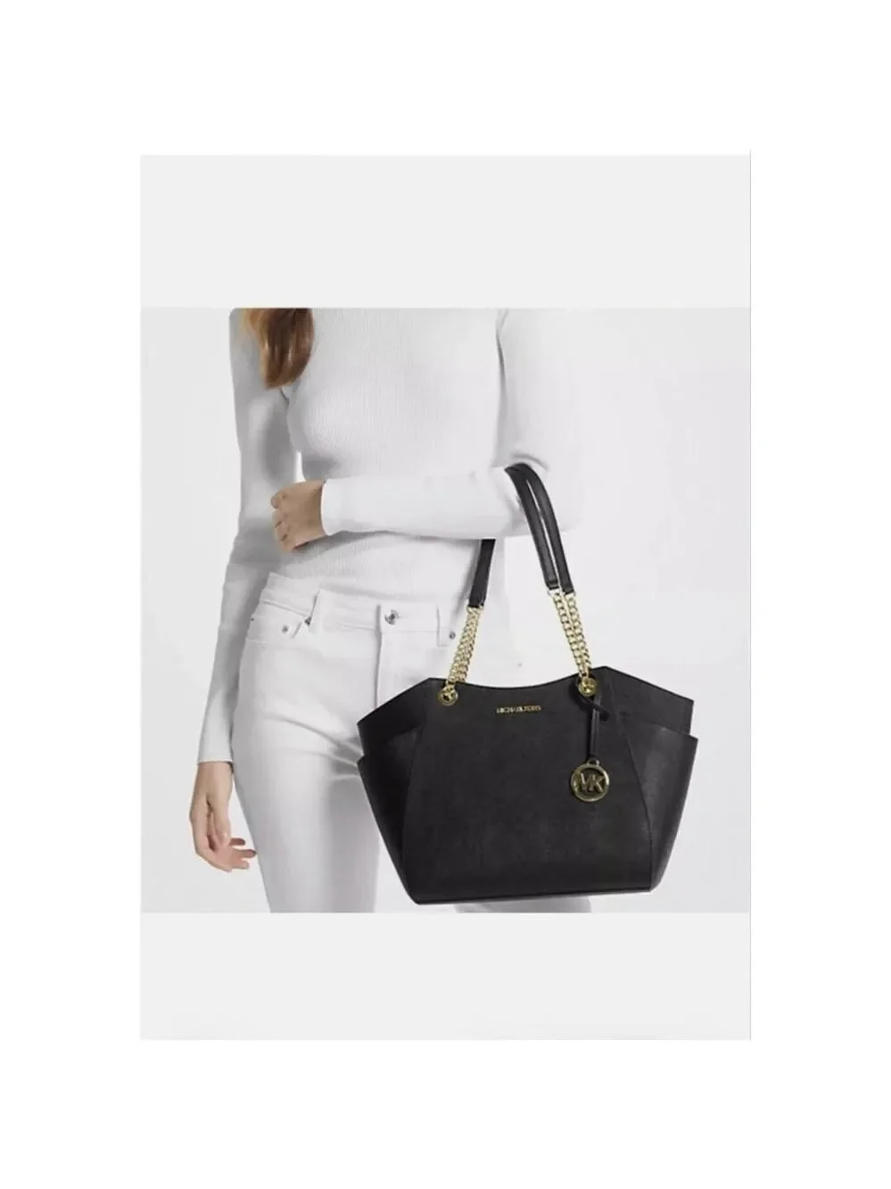 Michael Kors Jet Set East West Tote Bag - Black Saffiano Leather - Gold Hardware